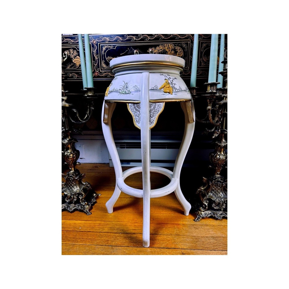 Vintage Chinoiserie Tall Stool Side Table 25" Mother of Pearl Figures Glass Top